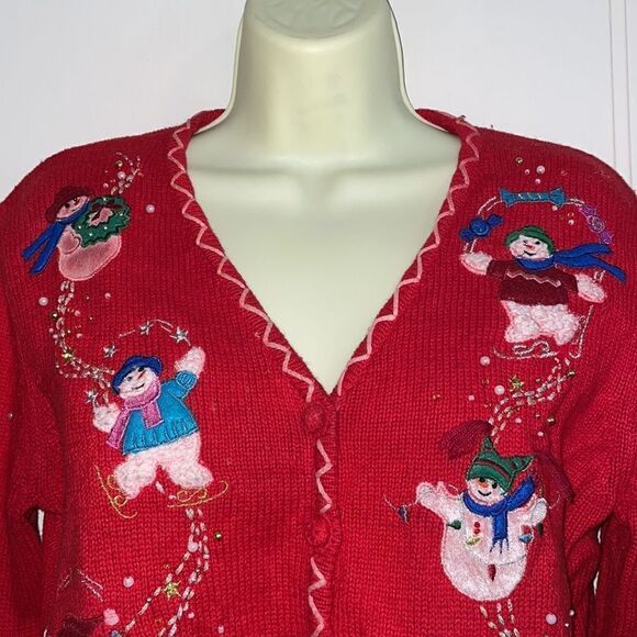 Vtg Hampshire Studio Snow red button up Christmas sweater with snowmen - Picture 2 of 10